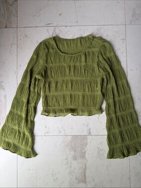 Smocked Olive Green Long Sleeve Bell-Sleeve Crop Blouse
